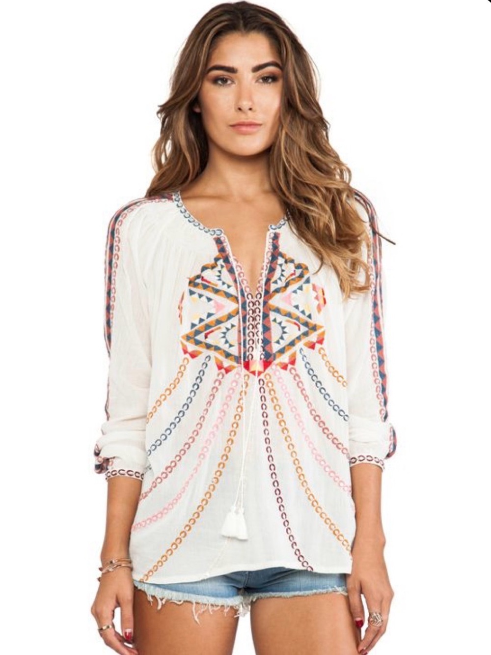 Antik Batik White Embroidered Boho Blouse with Multicolor Accents